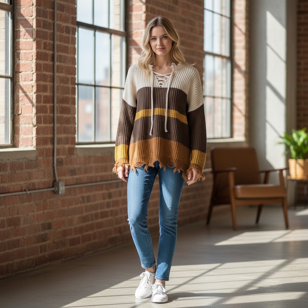 Daytrip‎ Sweater Large Multicolor Excellent Distressed Lace Up Striped Knit Boho
